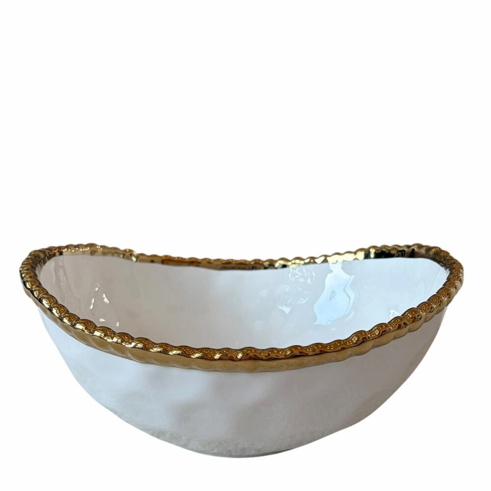 Milano Home Ceramic Serving Bowl 7x8 Gold Beaded Edge New